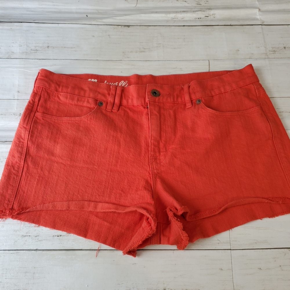 Madewell cutoff jean shorts orange red 2" inseam